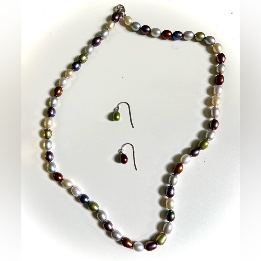 Vintage Multicolor Freshwater Pearl Necklace With Earrings